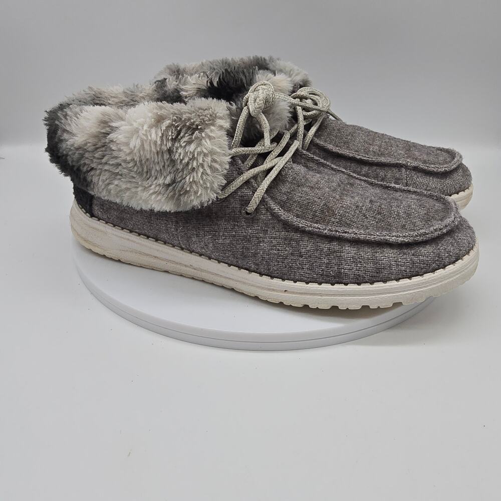 Hey Dude Wendy Fold Faux Fur Comfort Shoes in Sunset Smoke Cozy Gray Women's 8
